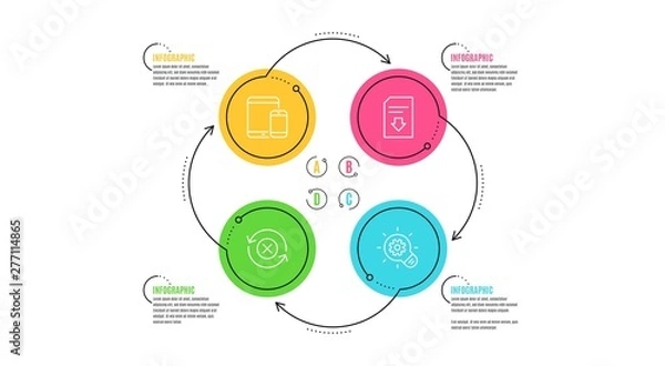 Obraz Mobile devices, Download file and Reject refresh icons simple set. Infographic timeline. Cogwheel sign. Smartphone with tablet, Load document, Update rejection. Idea bulb. Technology set. Vector