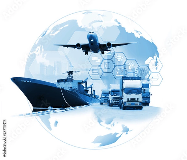 Fototapeta The world logistics , there are world map with logistic network distribution on background and Logistics Industrial Container Cargo freight ship for Concept of fast or instant shipping