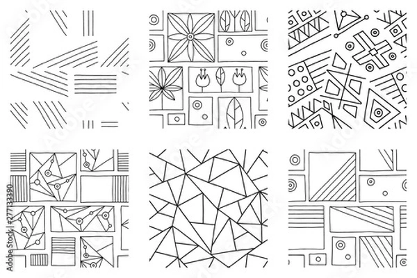 Fototapeta Set of seamless vector pattern, black and white geometric background with rhombus, triangles, rectangles, dots, lines, squares. Abstract graphic design. Line drawing, print for wallpaper, fabric