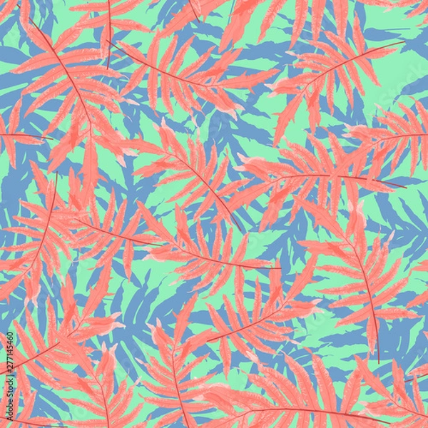 Fototapeta Colorful trendy seamless pattern with tropical leaves