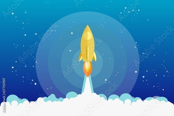 Fototapeta Golden Rocket launch,ship.vector, illustration concept of business product on a market.can be used for landing pages, templates, UI, web, mobile applications, posters, banners, leaflets.