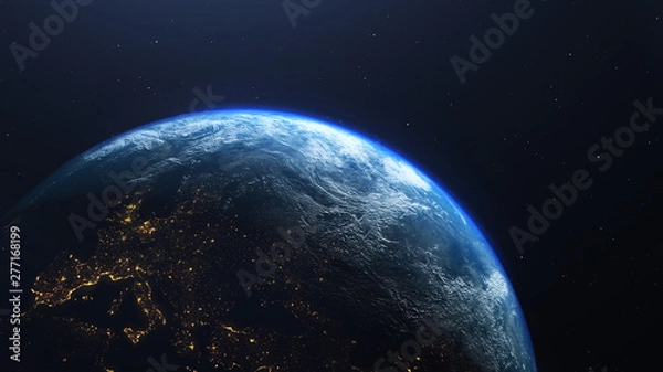 Obraz Planeta Ziemia oglądana z kosmosu w nocy ze światłami Europy, renderowanie 3D planety Ziemia, elementy tego zdjęcia dostarczone przez NASA