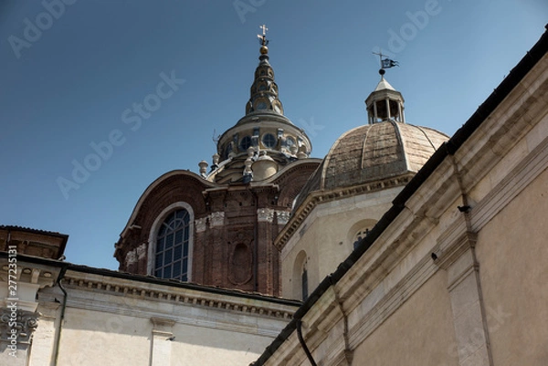 Fototapeta Duomo di Torino San Giovanni Battista catholic cathedral where the Holy Shroud of Turin is rested with bell tower and Sacra Sindone chapel on square in historical centre of Turin