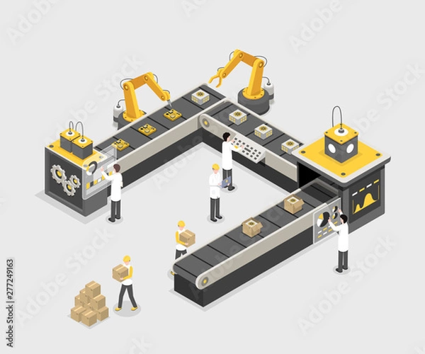 Fototapeta Autonomiczna, zaprogramowana linia produkcyjna z pracownikami. Nowoczesna fabryka, proces produkcji przemysłu, technologia ilustracji wektorowych. Produkt, proces tworzenia gadżetu izometryczny koncepcja 3d