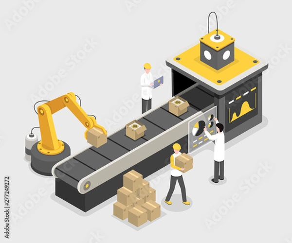 Obraz Autonomiczny proces pakowania, końcowy etap montażu. Zrobotyzowane pudełka do układania w stosy z izometryczną ilustracją wektorową wyprodukowanych towarów. Eksperci monitorują proces, zapewniając jakość koncepcji 3d