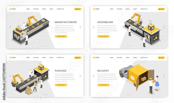 Fototapeta Company industrial process landing page template. Factory stages of product assembly and transportation, delivery website isometric design set. Online merchandise distribution and shipment business