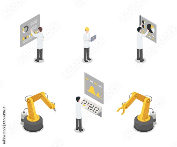 Obraz Industrial machinery, engineers and equipment set. Autonomous assembly, manufacture employees working 3d concept. Scientist, industrial expert, cybernetics professional isometric illustration