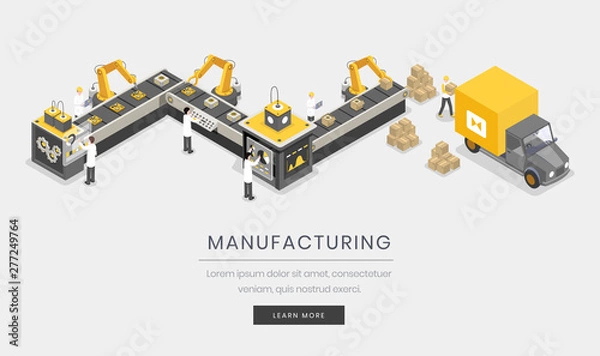 Obraz Manufacturing business, company landing page template. Fully automated, autonomous manufacture process, industrialization isometric vector illustration. Assembly and distribution website 3d design