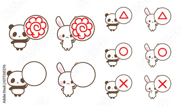 Fototapeta 花丸・はなまる札もちパンダとうさぎさん・まるばつさんかくOKNGおしい！感情イラスト素材