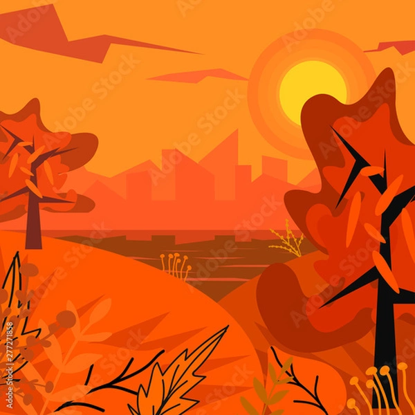 Fototapeta landscape with lake and views of the city under sunlight