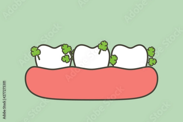 Obraz vegetable stuck in teeth, cause of decay tooth and bad breath - dental cartoon vector flat style