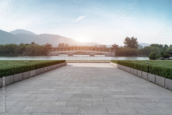 Fototapeta Empty Plaza Floor Bricks and Beautiful Natural Landscape