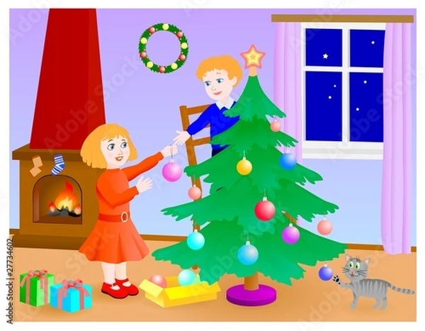 Obraz children preparing the christmas tree