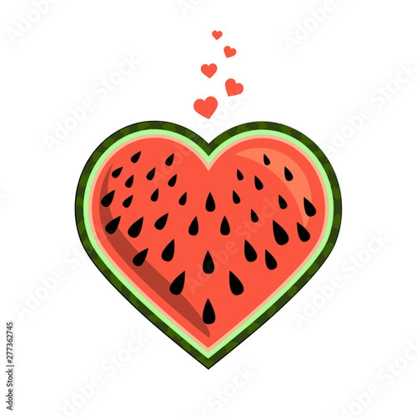 Fototapeta Heart-shaped watermelon slice. Bright summer design. Textile. Packaging. Isolated object on white background. Juicy fruit. Vector illustration.