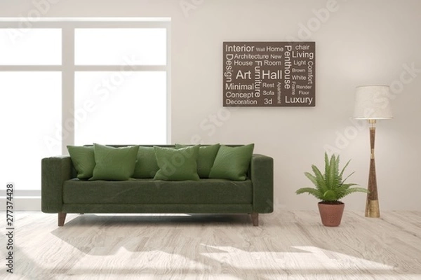 Fototapeta Stylish room in white color with sofa. Scandinavian interior design. 3D illustration