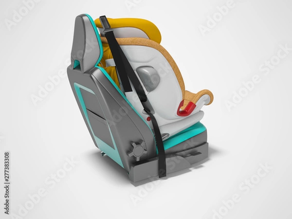 Fototapeta Orange baby car seat with five point safety straps with isofix 3d render on gray background with shadow
