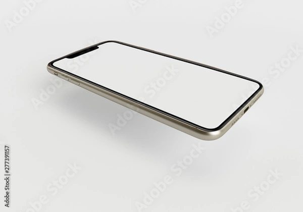 Obraz 3d render illustration hand holding the white smartphone with full screen and modern frame less design - isolated on white background 
