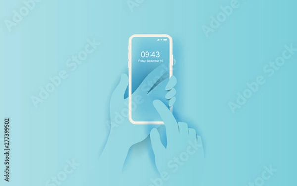Fototapeta 3D illustration of Hand holds smartphone with empty application. Compose dialogues simple.Text messaging frame idea concept.Creative design paper cut and craft on blue pastel background.Vector
