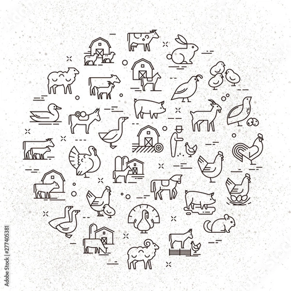Fototapeta Large circular vector icon set of rural animals in linear style for logos, presentations and the web. Icons are isolated on shabby paper background.