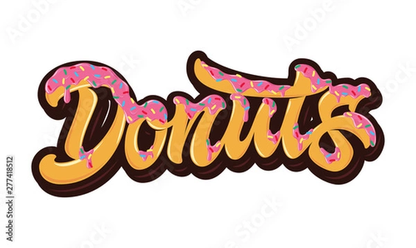 Obraz The bright orange word Donuts poured pink caramel with multi-colored sprinkles on top. Concept for logo, card, typography, poster, print.