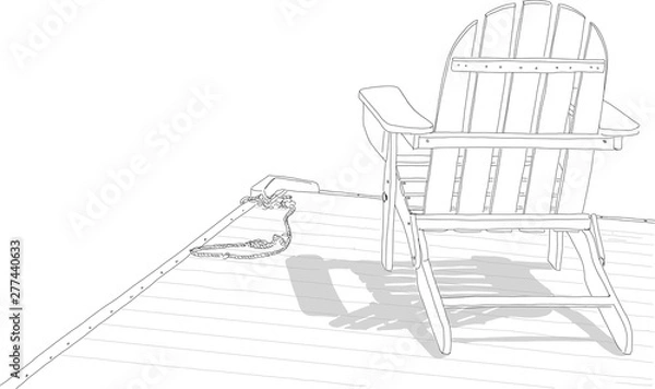 Obraz Hand drawn illustration. An Adirondack chair sitting on a dock by a lake. Concept of a peaceful, relaxing vacation.