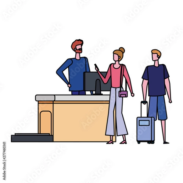 Obraz man working in airport with couple travelers