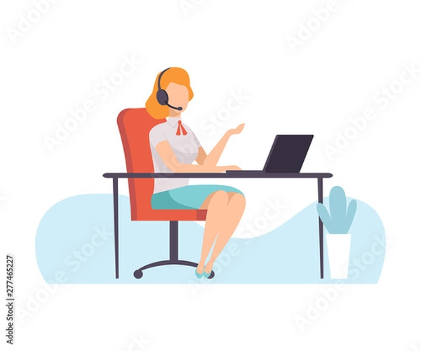 Fototapeta Female Call Center Worker, Online Support Service Assistant Talking Online with Headphones, Distant Education Courses, Social Networking, People Communicating Via Internet Vector Illustration