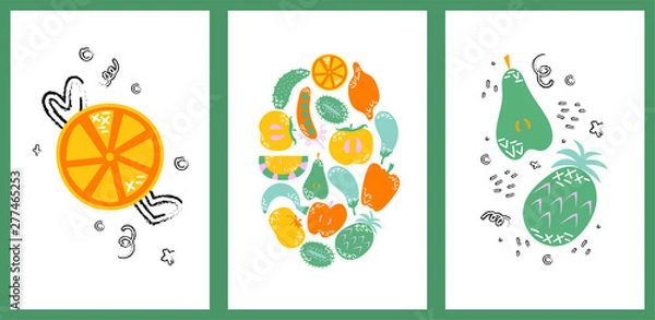 Fototapeta Set of hand drawn cards with fruits and vegetables.