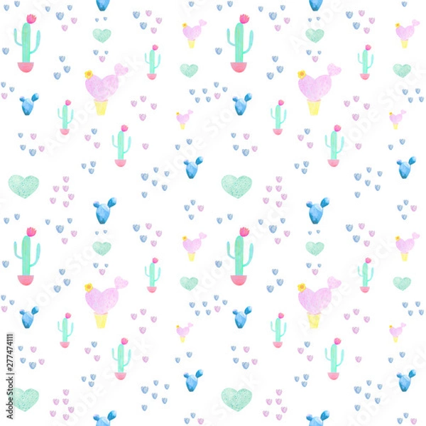 Fototapeta Hand-drawn watercolor cacti illustration in vintage style. Seamless pattern on white background for textile, covers,  fabric.  