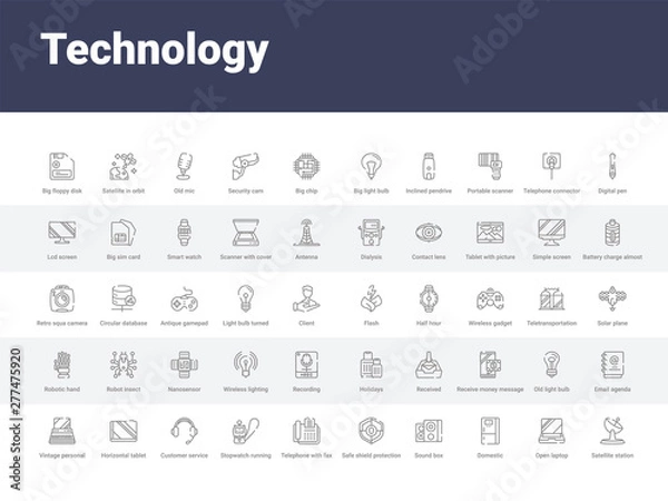 Obraz 50 technology set icons such as satellite station, open laptop, domestic, sound box, safe shield protection, telephone with fax, stopwatch running, customer service headset, horizontal tablet.