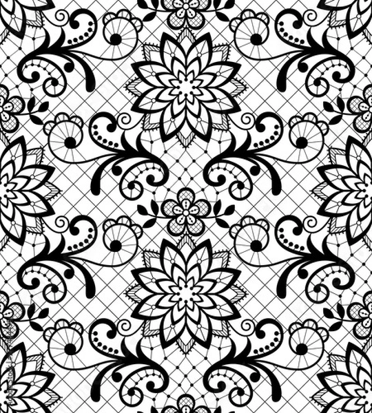 Fototapeta Seamless vector pattern - lace design with flowers and swirls, detailed ornament in black on white background