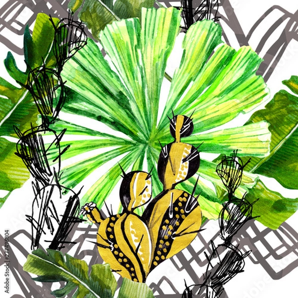 Fototapeta cacti painted with gold marker and black ink and tropical green watercolor leaves on a seamless geometric background, for use in design, textiles, Wallpaper, wrapping paper