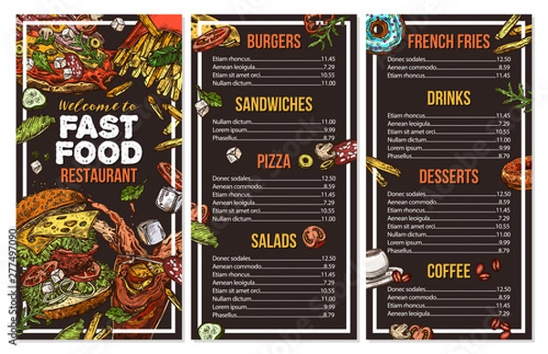 Obraz Fast food vector menu template in sketch style. Design for restaurant menu with hand drawn illustrations of burger, drink, french fries, pizza on chalckboard