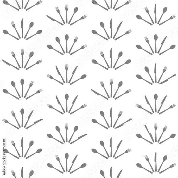 Obraz Seamless cutlery pattern, transparent background. Forks, knives and spoons organized in the shape of handheld folding fan. Easy to edit color in Illustrator.