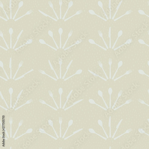 Fototapeta Seamless cutlery pattern. Forks, knives and spoons organized in the shape of handheld folding fan. Easy to edit colors in Illustrator.