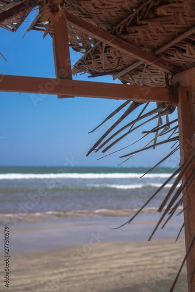 Fototapeta Beautiful dry branches of palm trees on the roof against the backdrop of the beach. Ocean and sea in summer in the rays of the sun.
