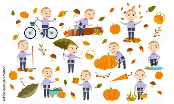 Fototapeta Set blond boy in an autumn jacket plays with leaves, launches a paper boat, rides a bicycle, carries pumpkins and has fun in the fall. Cute Vector Illustration