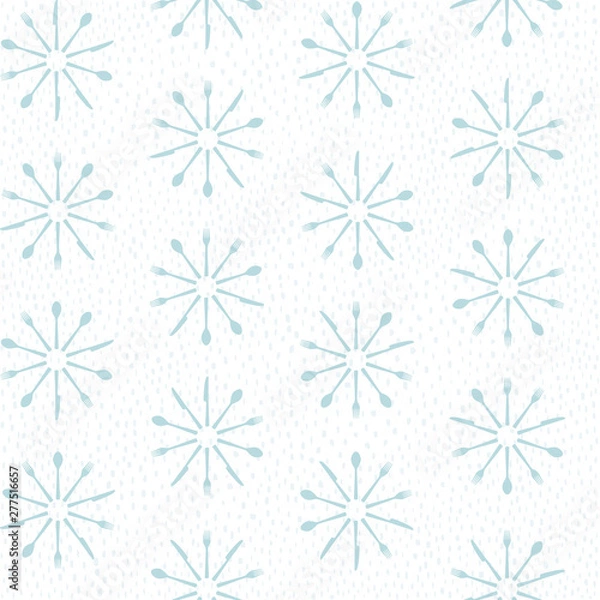 Fototapeta Seamless cutlery pattern. Forks, knives and spoons are in a circle. Transparent background with hand drawn, irregular spots. Easy to edit colors in Illustrator.