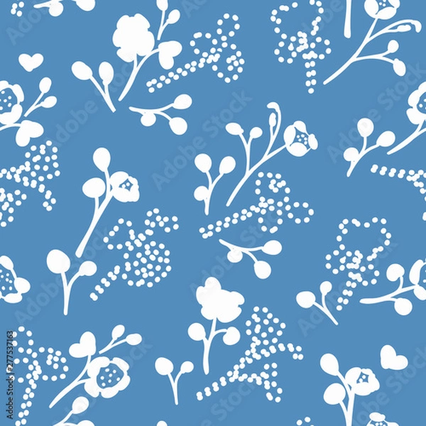 Fototapeta Blue vector repeat pattern with small white hand drawn doodle florals and embroidery elements.