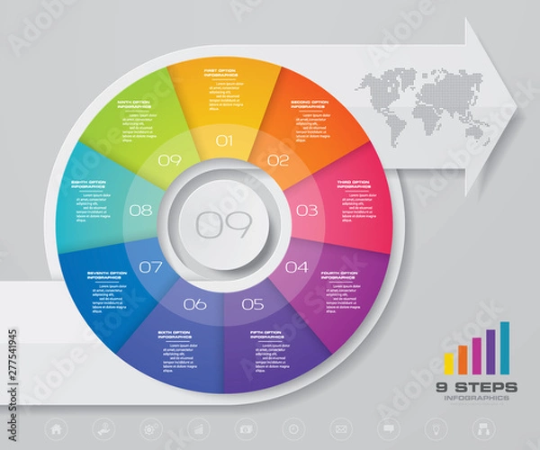 Obraz Modern 9 steps pie chart/ circle chart with arrow infographics design element. EPS 10.	
