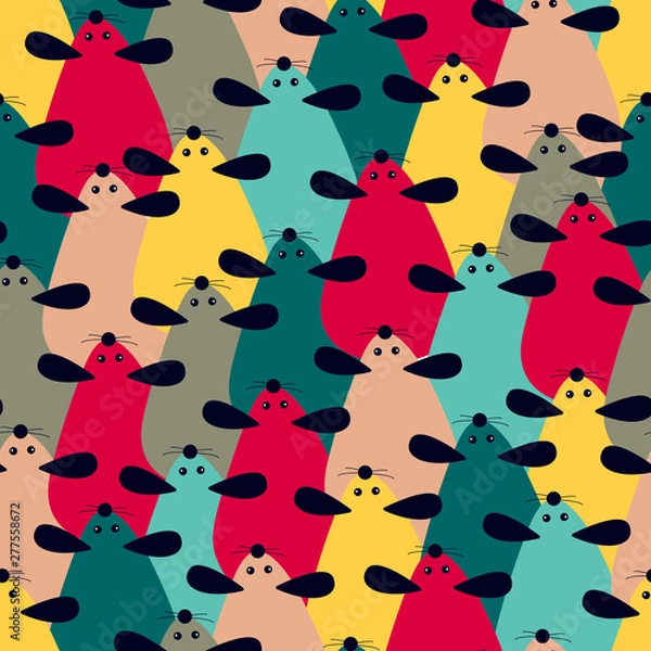 Fototapeta Seamless pattern with cartoon cute mouse - Chinese symbol of the new year 2020. Repeating pattern of many mice. Vector illustration can be used for print, holiday packing, postcard, poster.