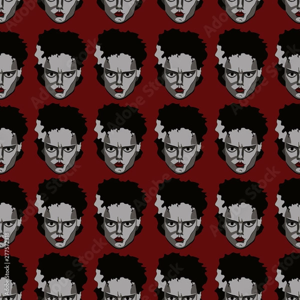 Fototapeta Decorative horror seamless pattern with witch on red backdrop. Frankenstein bride seamless pattern.