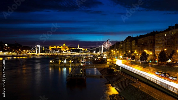 Obraz View from Liberty Bridge on the night Danube, Erzhebet Bridge. Fireworks in the night sky