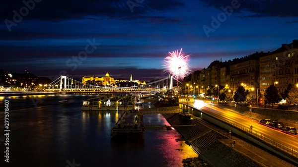 Obraz View from Liberty Bridge on the night Danube, Erzhebet Bridge. Fireworks in the night sky