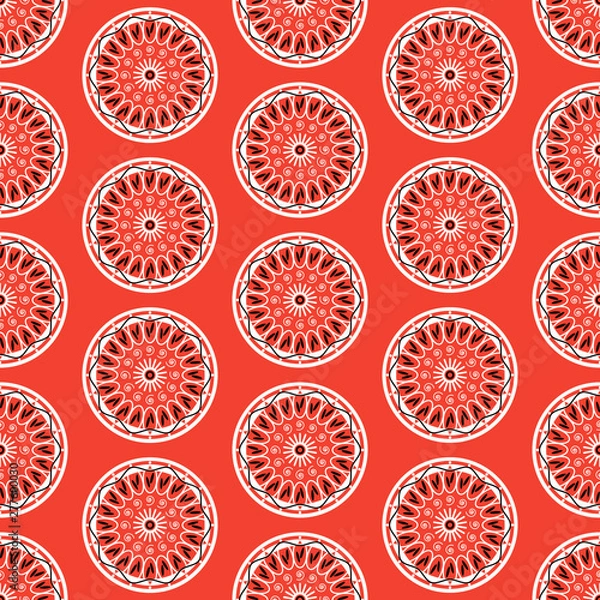 Fototapeta African flower seamless pattern. Abstract floral shapes on red background.