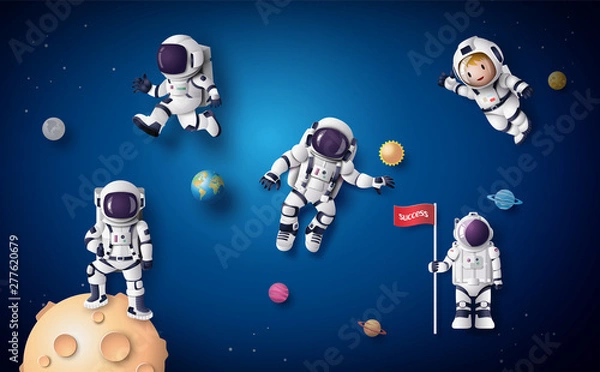 Fototapeta  Cute Astronauts Exploring Outer Space with Planets