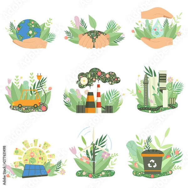 Fototapeta Environmental Protection, Alternative and Renewable Energy Resources Signs Set, Ecology Concept Vector Illustration