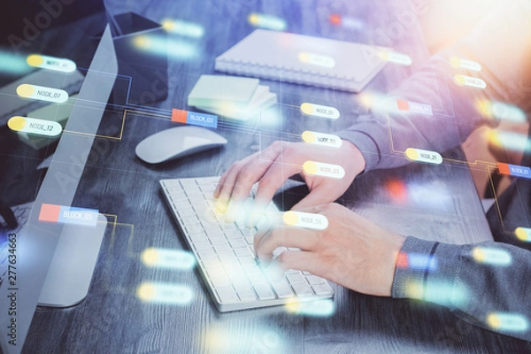 Fototapeta Double exposure of technology hologram with man working on computer background. Concept of big data.