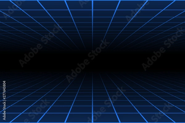 Fototapeta blue light line grid over under one point center perspective dark background retro