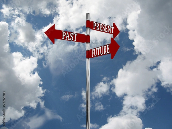 Fototapeta Pointer Past, Present and Future against the sky